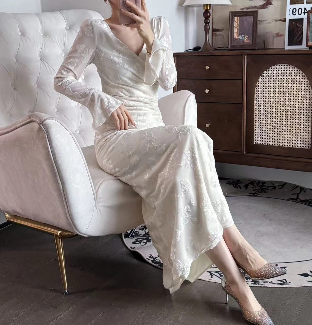 【星星】C276 白玫瑰 新国风修身印花复古长袖显瘦连衣裙PL