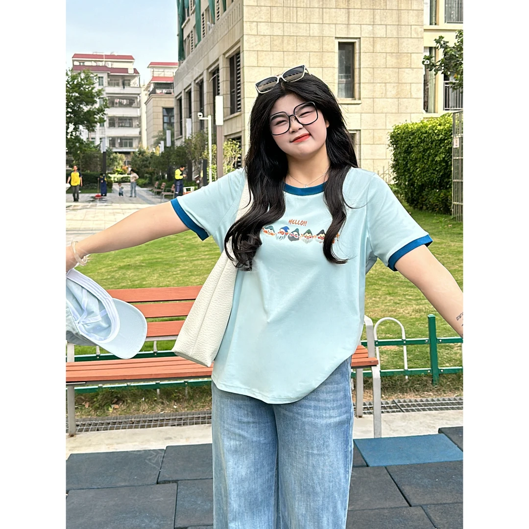 梦丞【七个小矮人】大码女装啊圆领撞色印花百搭显瘦休闲短袖T恤女