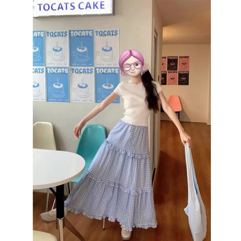 220斤大码蓝色格子蛋糕裙女夏季新款高腰显瘦a字伞裙拼接长裙半裙