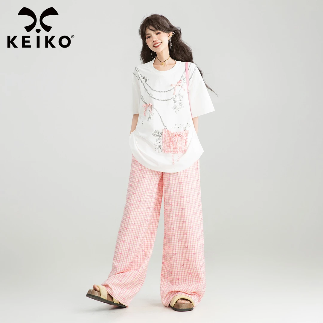 KEIKO 项链印花白色圆领短袖t恤女夏日凉感精梳棉漂亮半袖小上衣