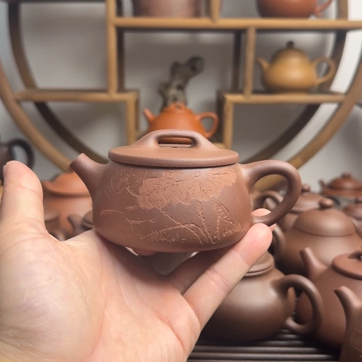 紫砂茶壶宽口石瓢180cc台西嫩底槽清刻绘