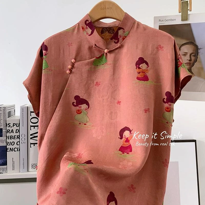 有趣可爱小唐人！100%桑蚕丝香云纱花萝提花新中式国风真丝上衣女