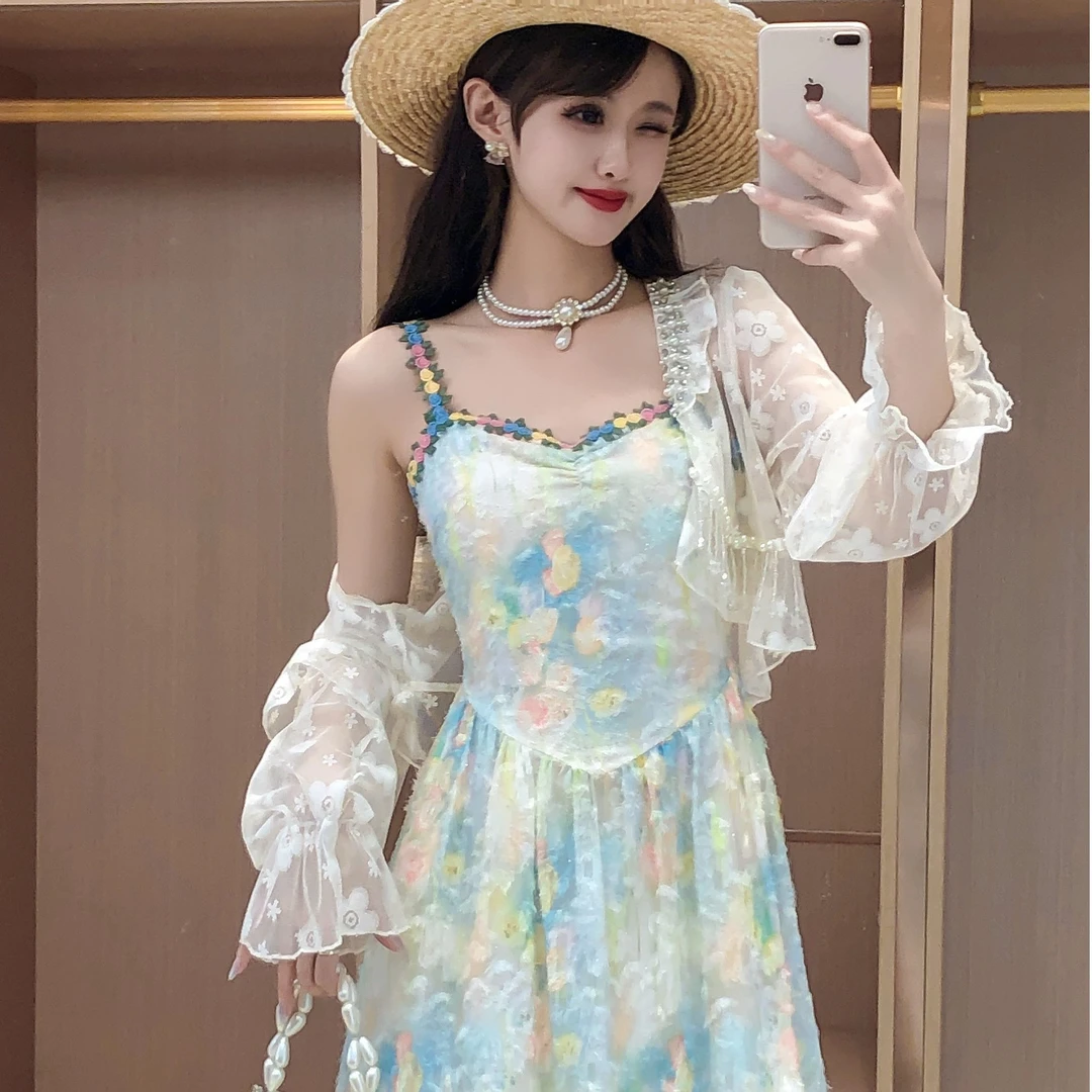 艾日秀超仙荷叶边流苏蕾丝开衫温柔气质收腰吊带连衣裙套装 E9976