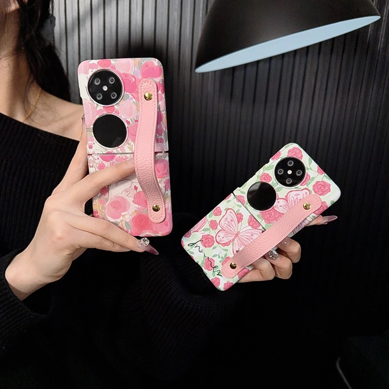 适用华为pocket2手机壳新款p50pocket套pockets猫咪花朵蝴蝶腕带p