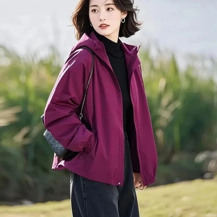 2025超火春季新款独特漂亮小个子百搭短款宽松女士梅子色连帽外套