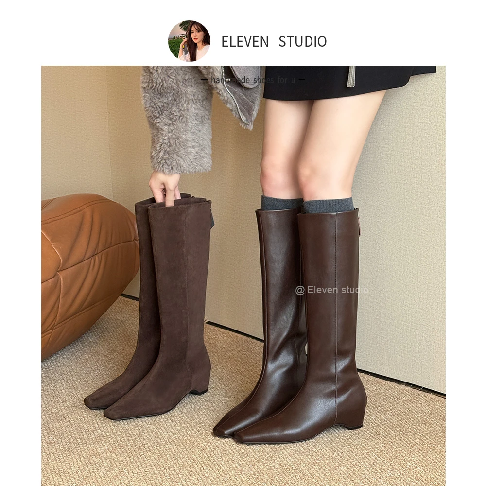 【王11】法式方头简约精致百搭内增高直筒坡跟女靴 4.5CM/胭脂