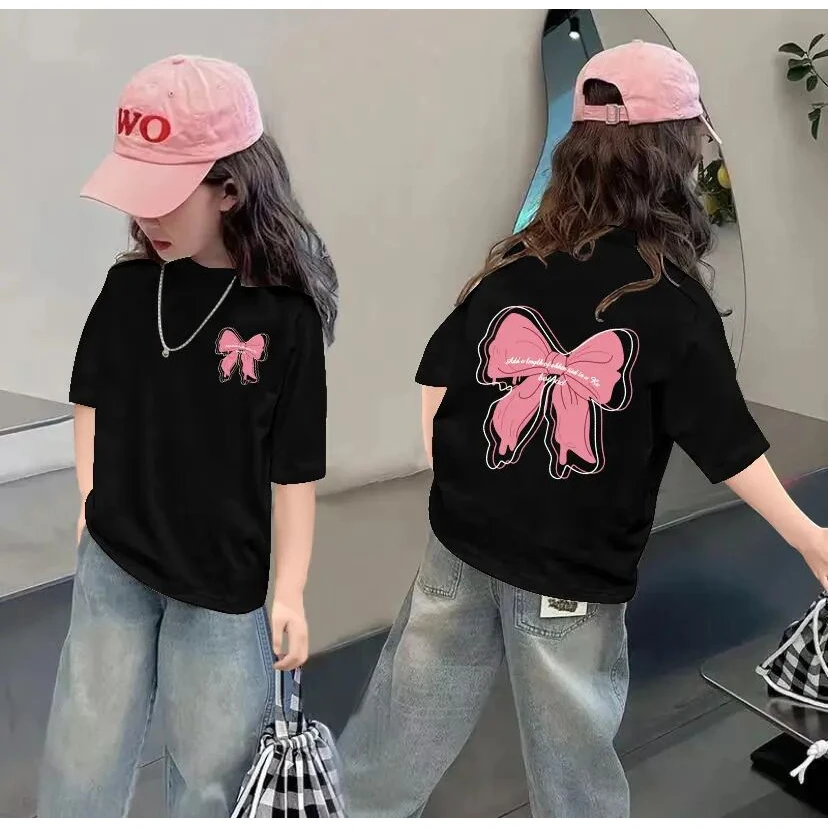 韩版百搭日系涂鸦草莓熊蝴蝶结T恤常规时尚短袖中大童女童短袖t恤