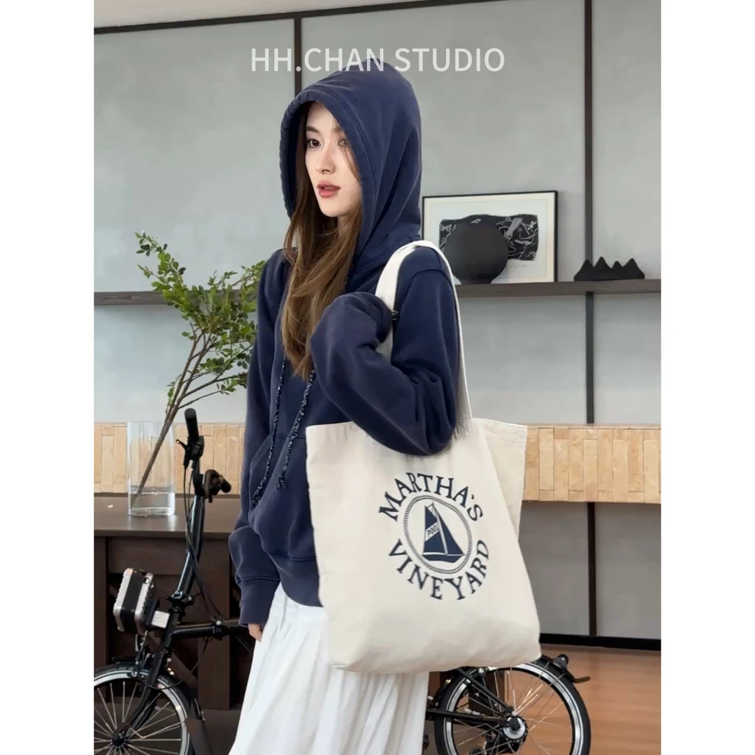 HH.CHAN“心机卫衣”100%棉重工炒色连帽藏青简约卫衣HH53H37478