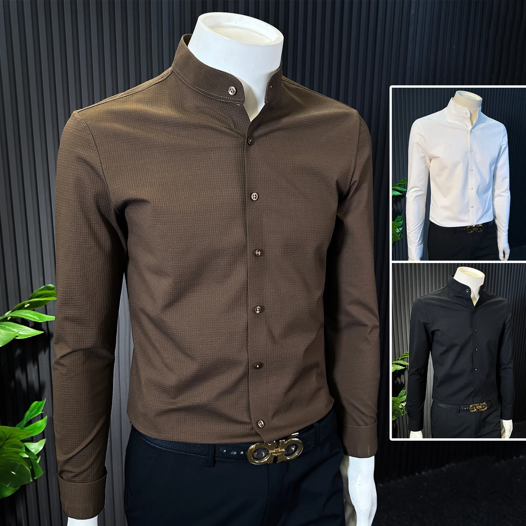 新中式立领衬衫男款痞帅高级感男装轻奢中山装长袖秋季款男士衬衣