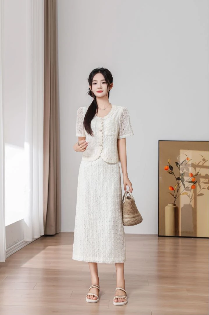 时尚小香风套装裙夏装新款气质镂空蕾丝法式轻奢两件套