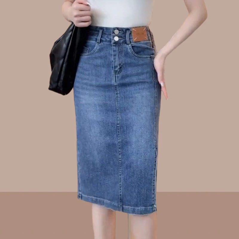 牛仔半身裙女夏季薄款2025新款高腰侧开叉小个子a字包臀中长裙子