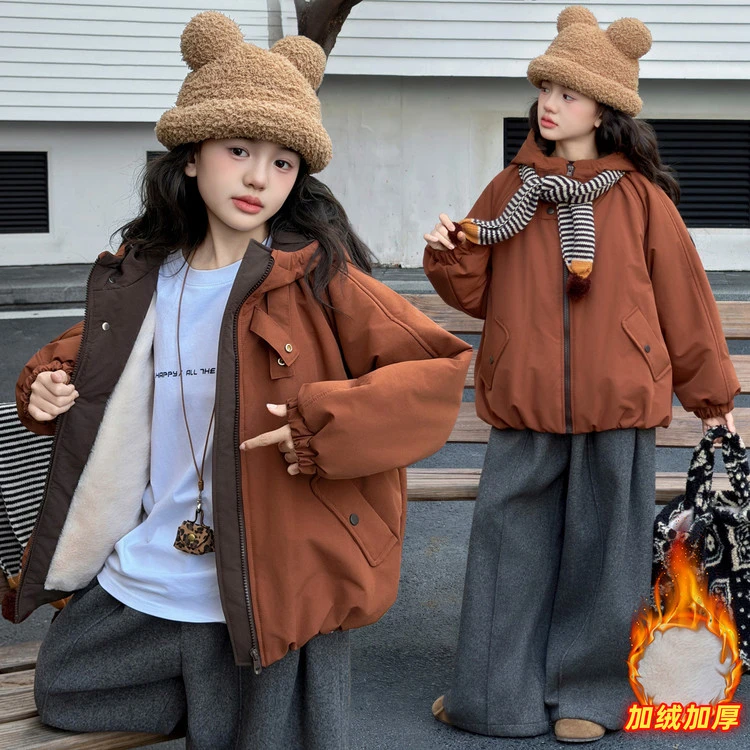 女童外套2025新款大童冬季加绒加厚女孩洋气百搭儿童上衣棉服冬装