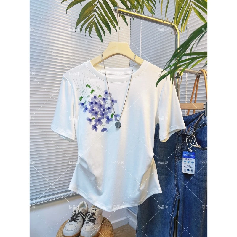 SPW私品味  2025夏季新款设计感紫色花朵短袖上衣  T0625