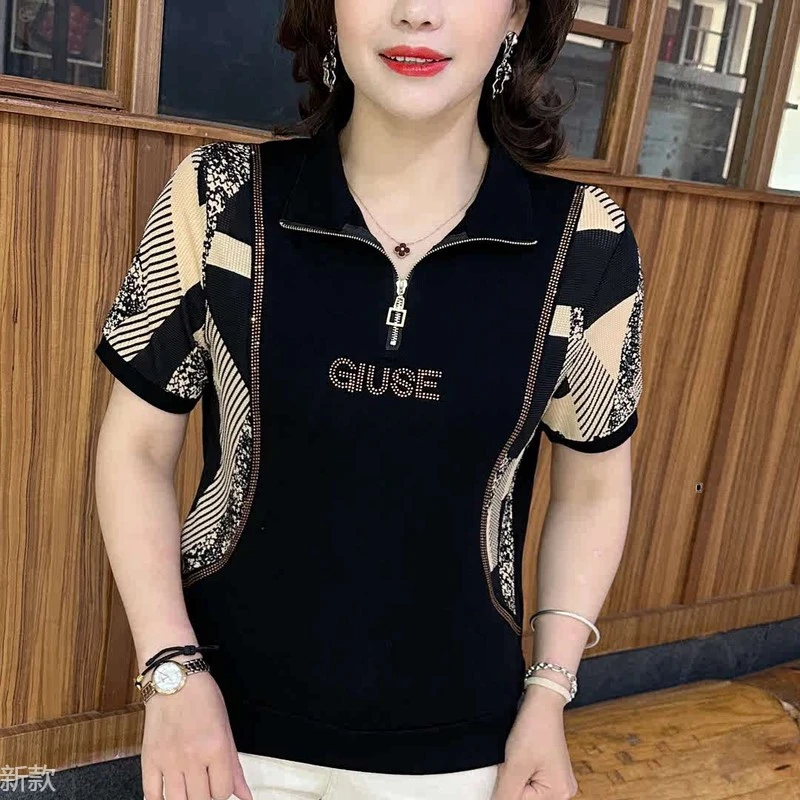 夏季翻领半拉链卫衣拼接短袖t恤中老年妈妈装宽松减龄显瘦上衣女