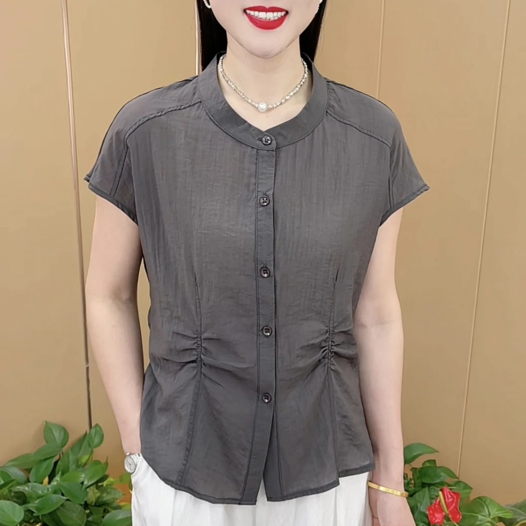 夏季新款时尚圆领纽扣收腰设计宽松休闲褶皱百搭短袖上衣M6618
