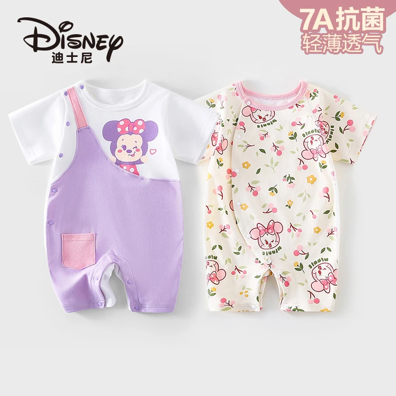 Disney/迪士尼新生儿夏季衣服薄款纯棉短袖外穿女宝宝连体衣2件装