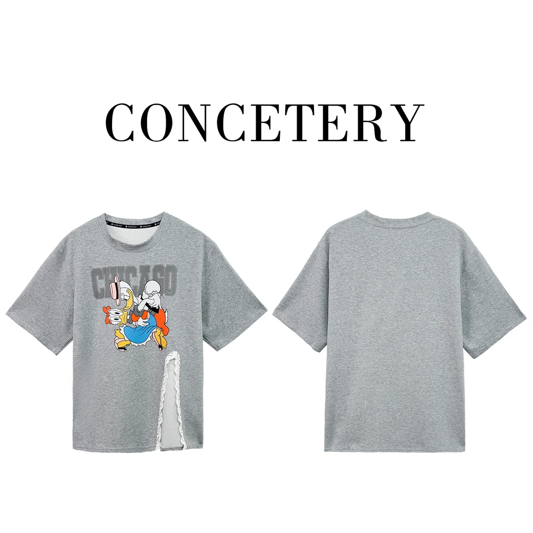 8635韩版拼接蕾丝开叉印花卡通短袖T恤衫女2025夏季减龄上衣