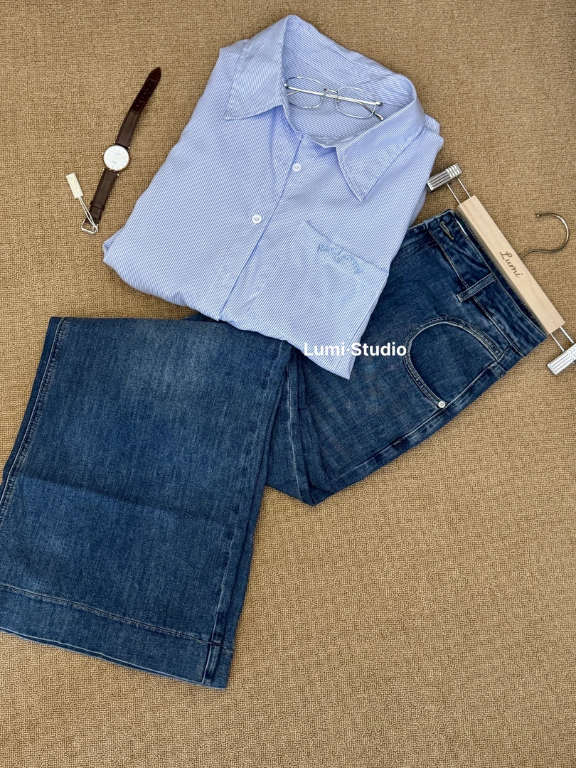 LUMI【OL】浅蓝色拼接条纹大版衬衫外套