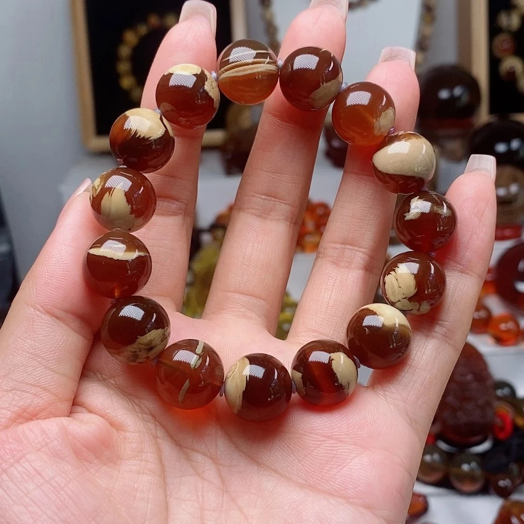 缅甸琥珀橘红蜜底白瓷根妖花溶洞手串