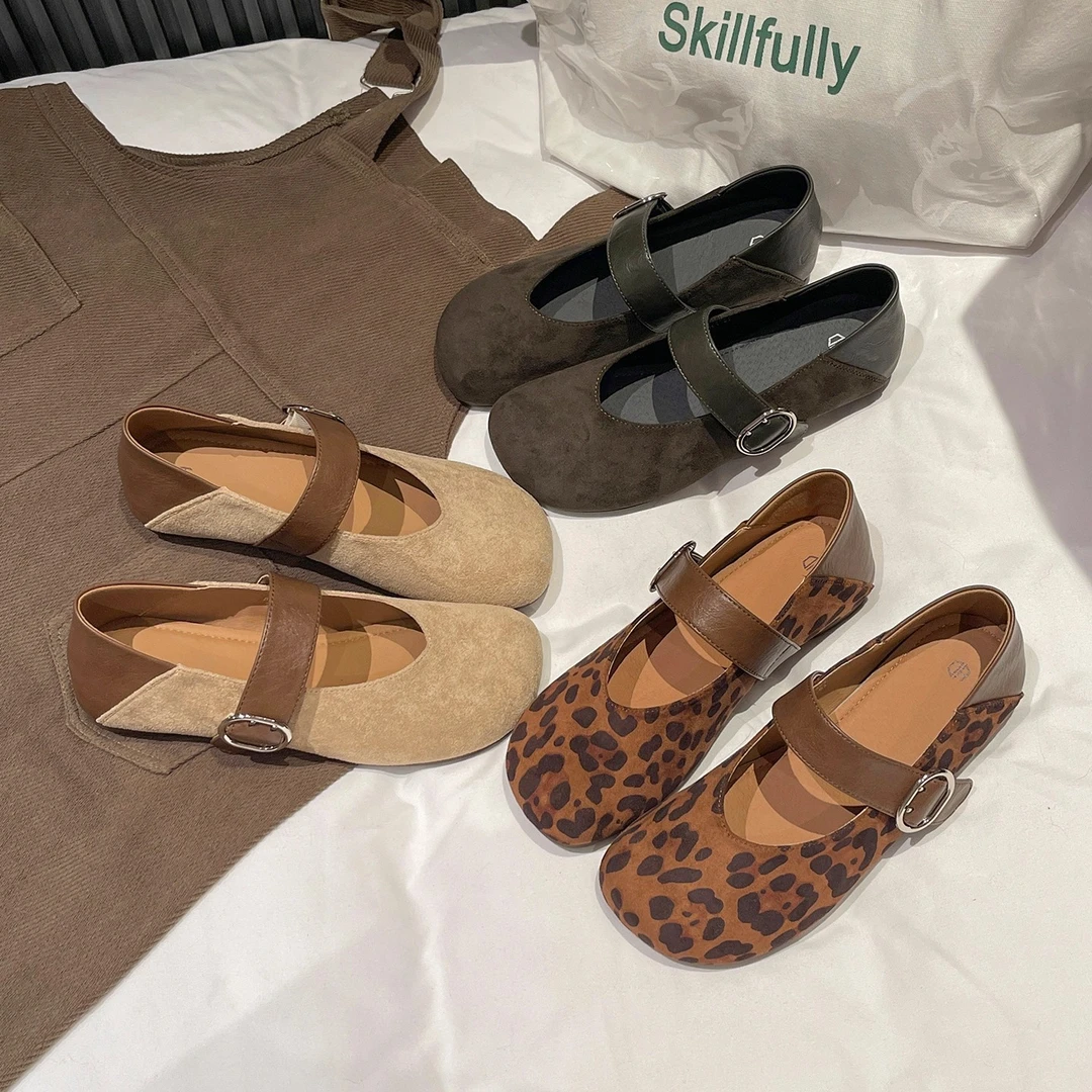 复古豹纹玛丽珍鞋女2025秋季新款法式浅口单鞋软底芭蕾百搭勃肯鞋