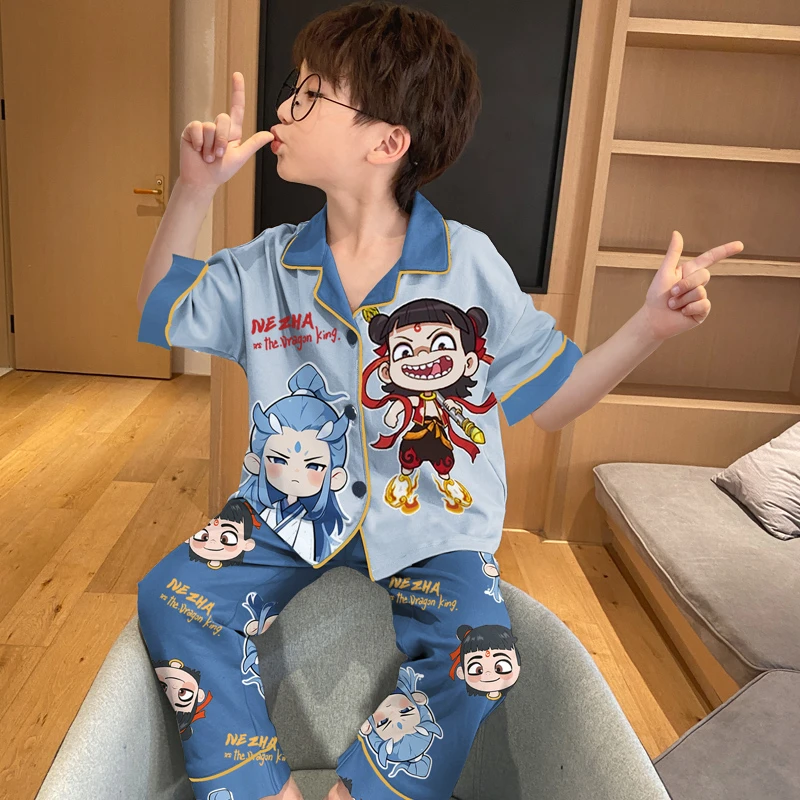 儿童睡衣男孩春秋季纯棉开衫短袖长裤大童卡通哪吒夏天宝宝家居服