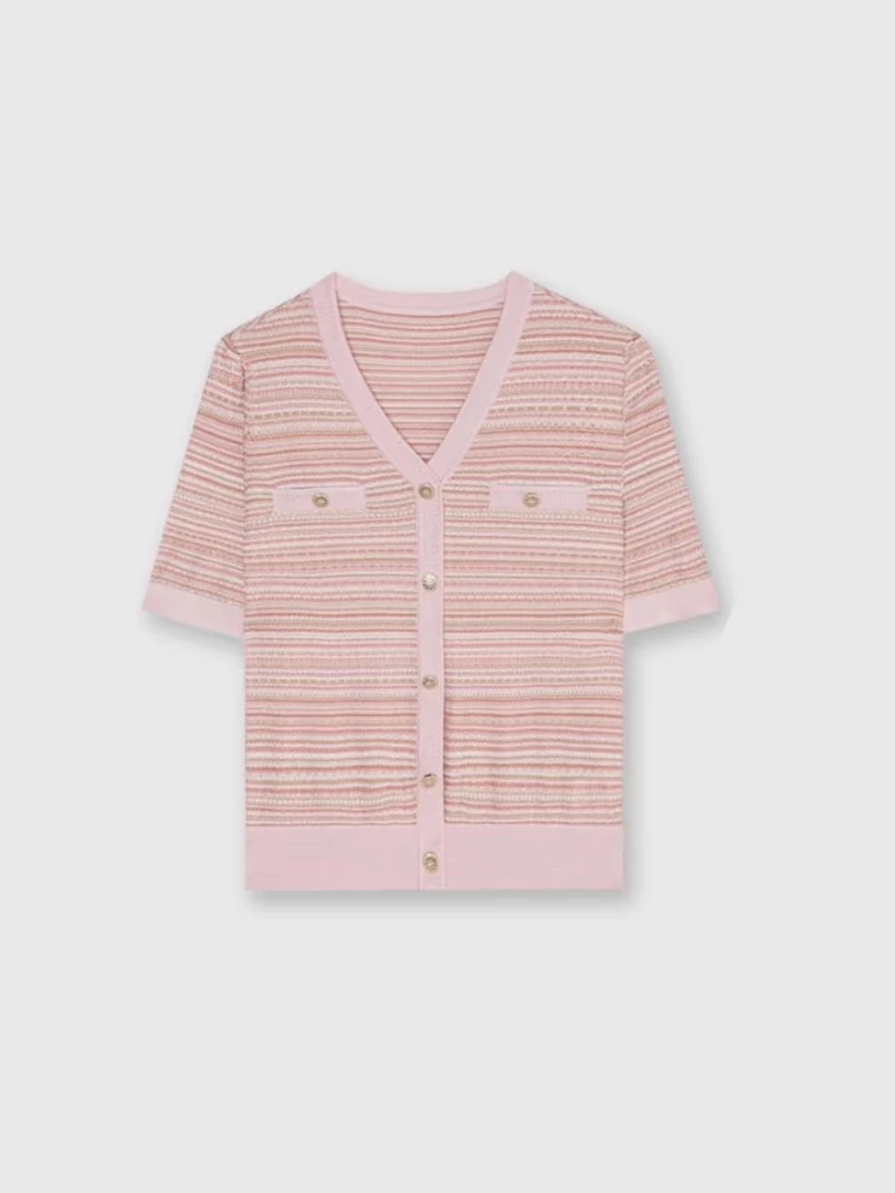 <优米定制>夏天主打时尚百搭V领老钱风短袖针织上衣