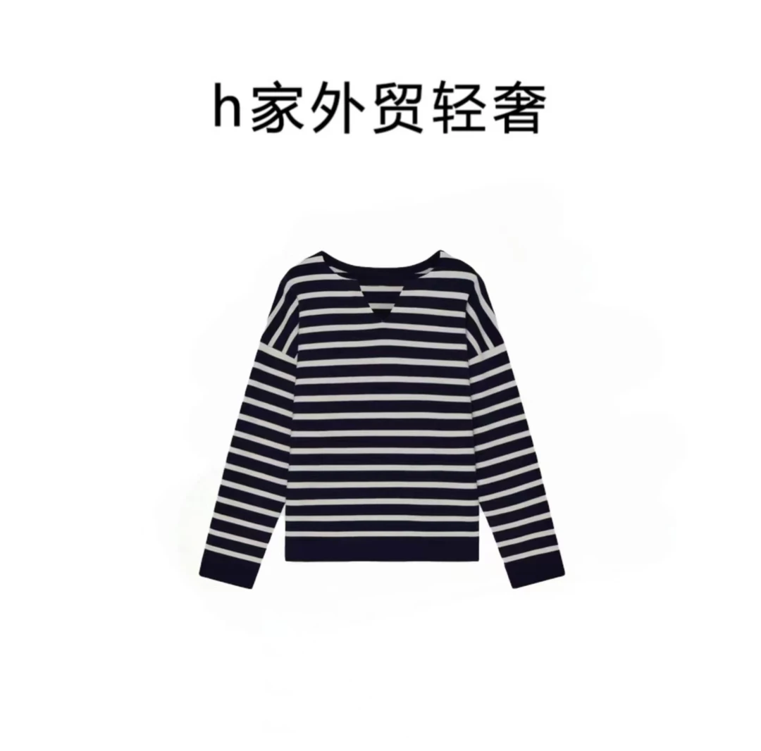 【胡哥严选】小d禾藏青条纹棉毛混纺套头针织衫百搭宽松时尚轻奢
