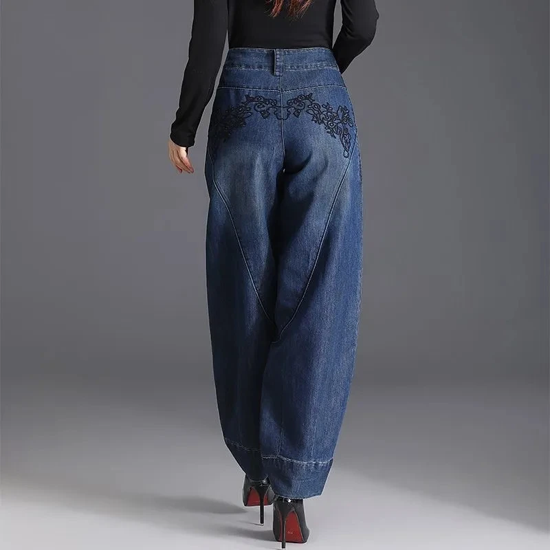春秋新款高腰牛仔裤刺绣灯笼裤女长裤显瘦萝卜宽松休闲时尚哈伦裤