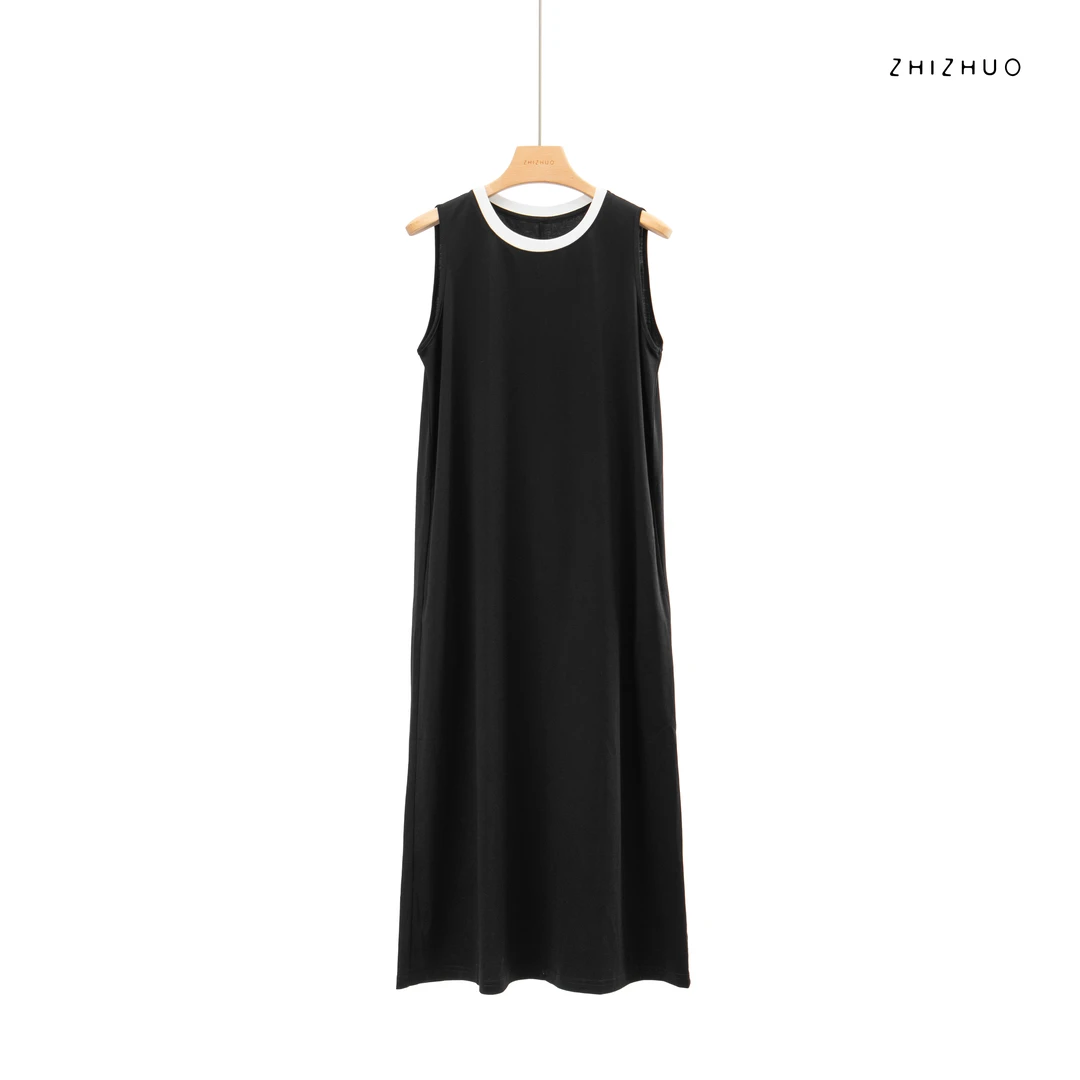 ZHIZHUO/艺术风情 简约休闲黑白撞色拼接长款背心连衣裙