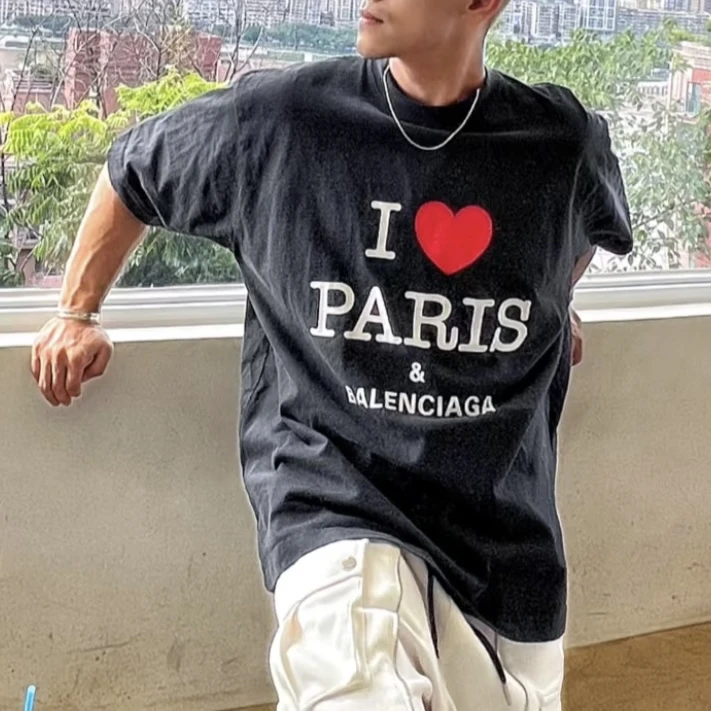 99新 Balenciaga/巴黎世家 1063/FW24 黑色Logo印花休闲短袖/M