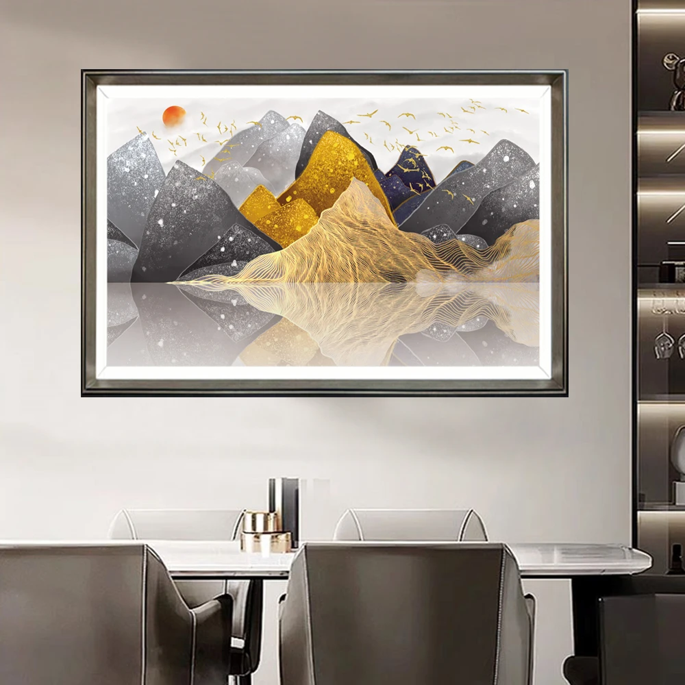 艺彩日照金山现代风钢化玻璃装饰画烫金炫彩画沙发背景摆画客厅