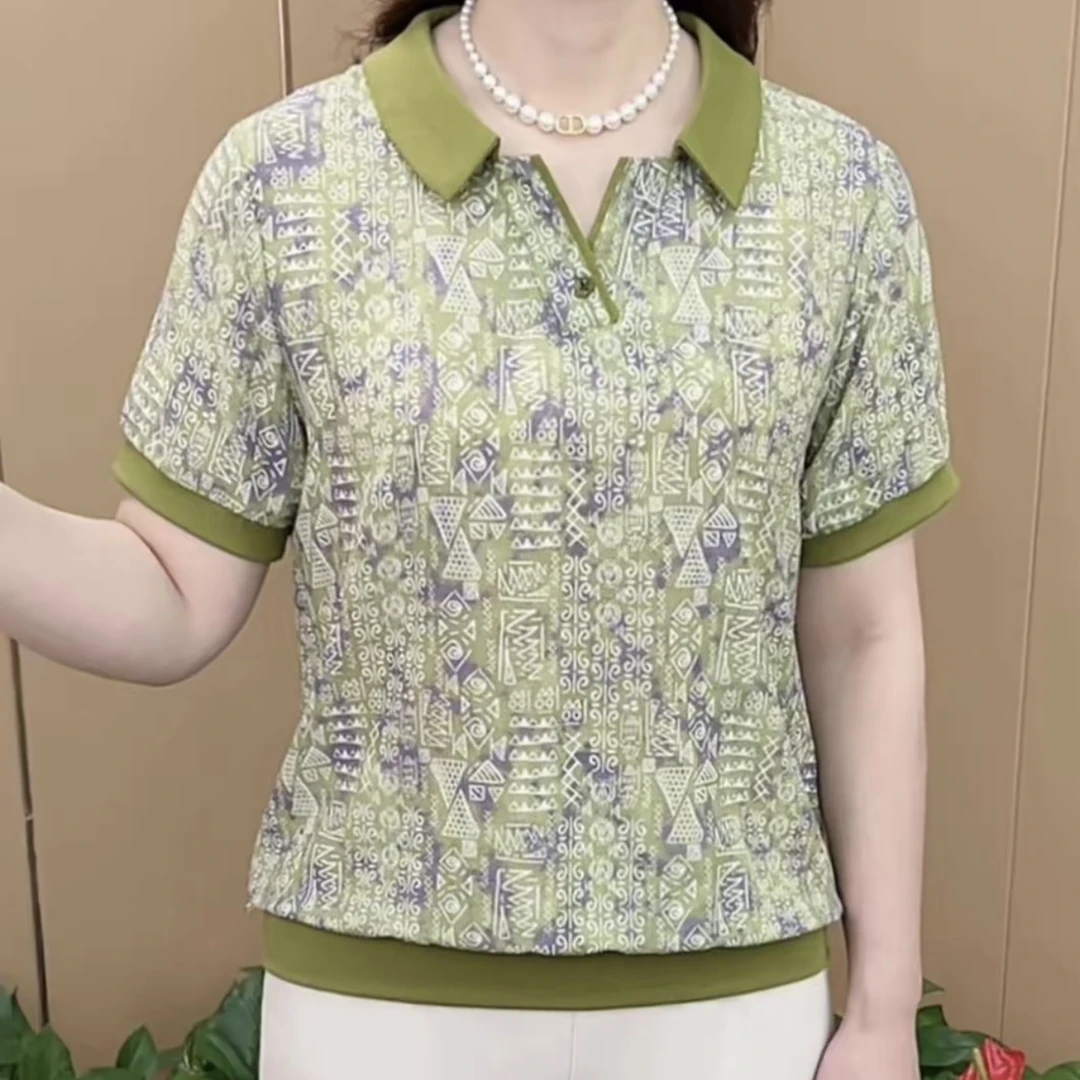 夏季新款时尚翻领印花中老年妈妈装减龄百搭薄款短袖上衣