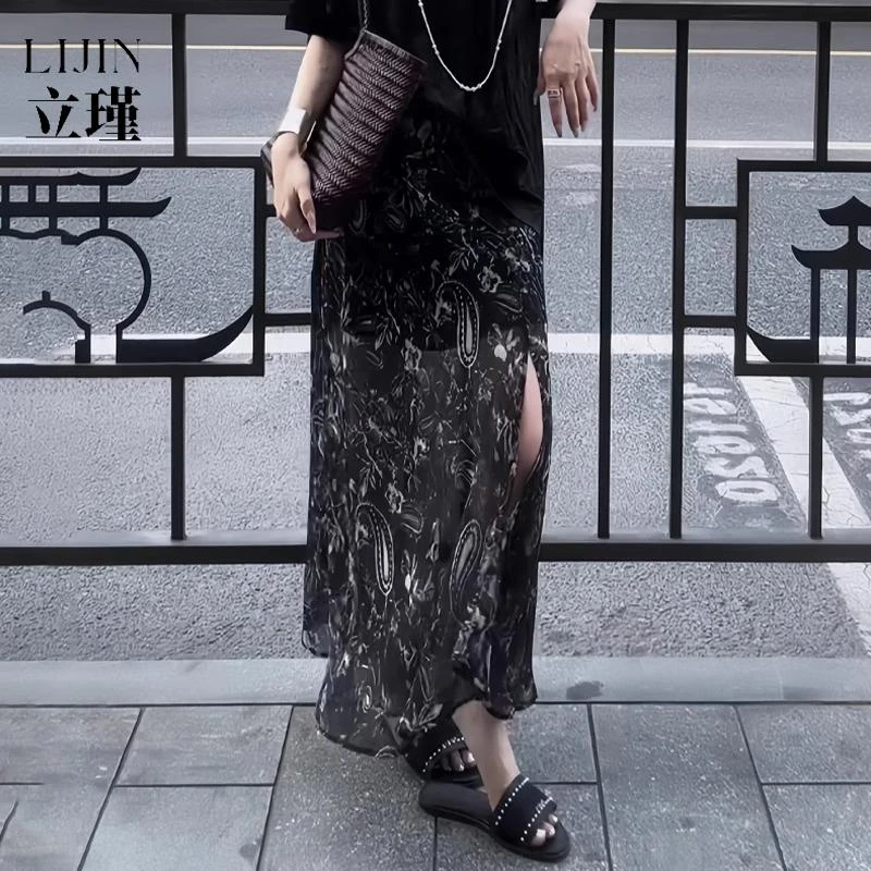 印花侧开叉半身裙女2025夏季新款韩版时髦复古高腰显大码直筒裙