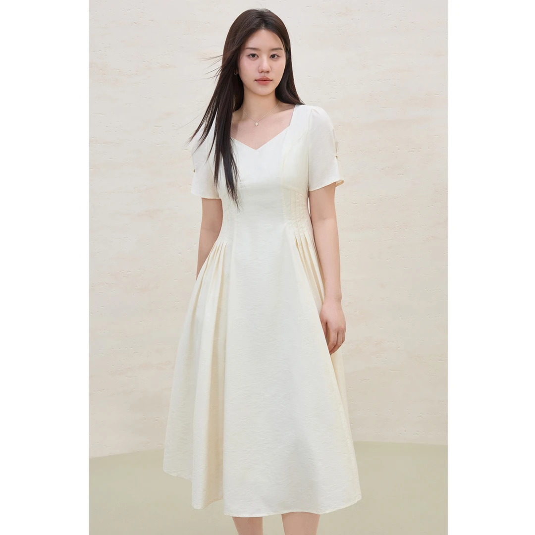 独束大码女装纯色方领法式气质连衣裙收腰显瘦领证白裙25DS82124