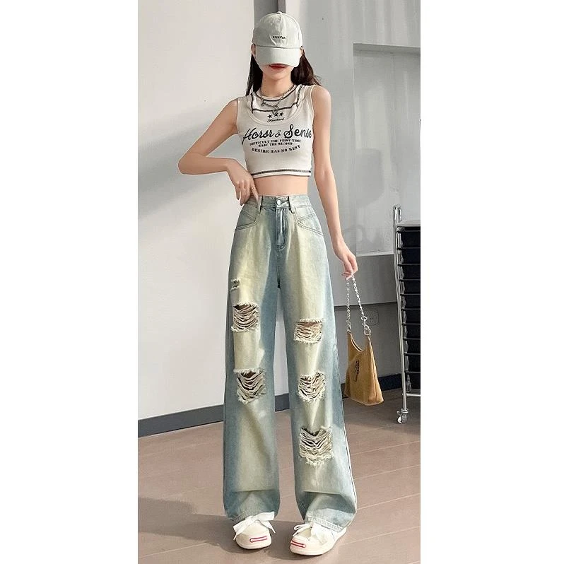 FAVMARTHA破洞直筒牛仔裤女夏季春秋2025年新款薄款复古显瘦小个