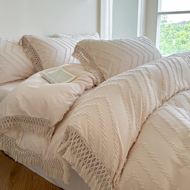 公主风立体剪花水洗棉四件套轻奢春秋款流苏花边被套床单床笠款