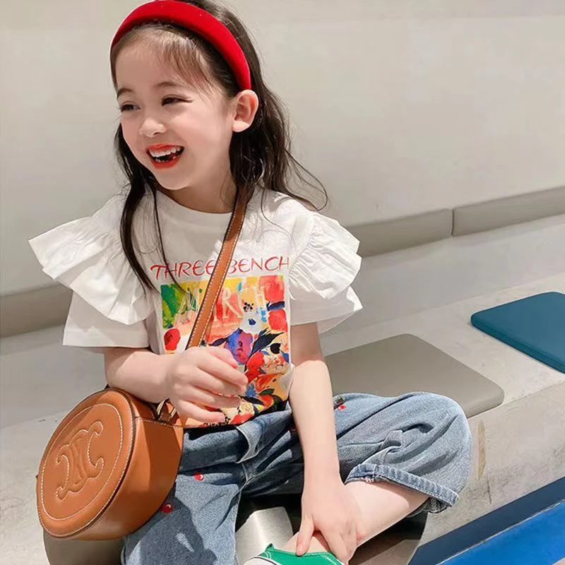 儿童短袖夏季新款网红爆款荷叶袖油画纯棉短袖T恤女孩甜美上衣