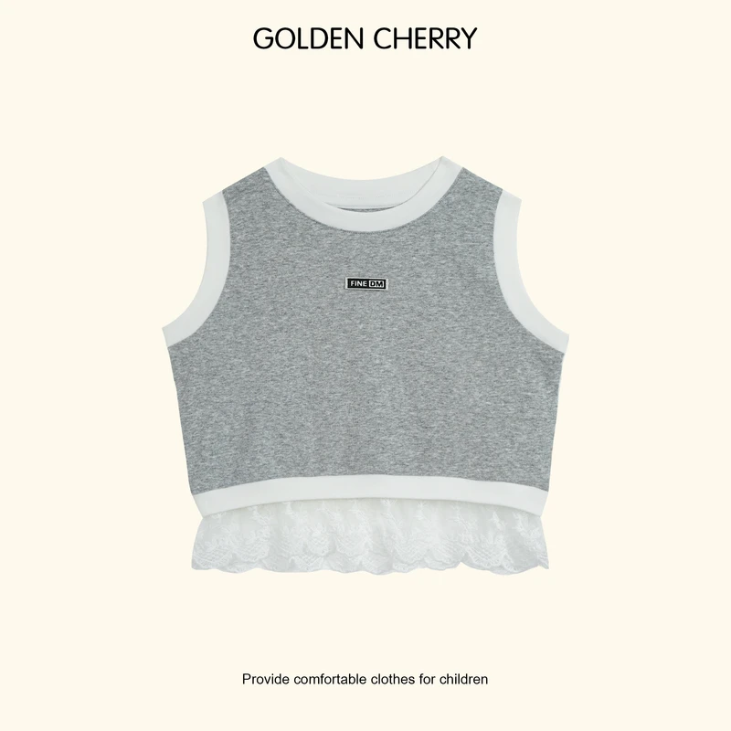 【金樱桃Golden cherry】小童灰色字母蕾丝裙边背心QDD329