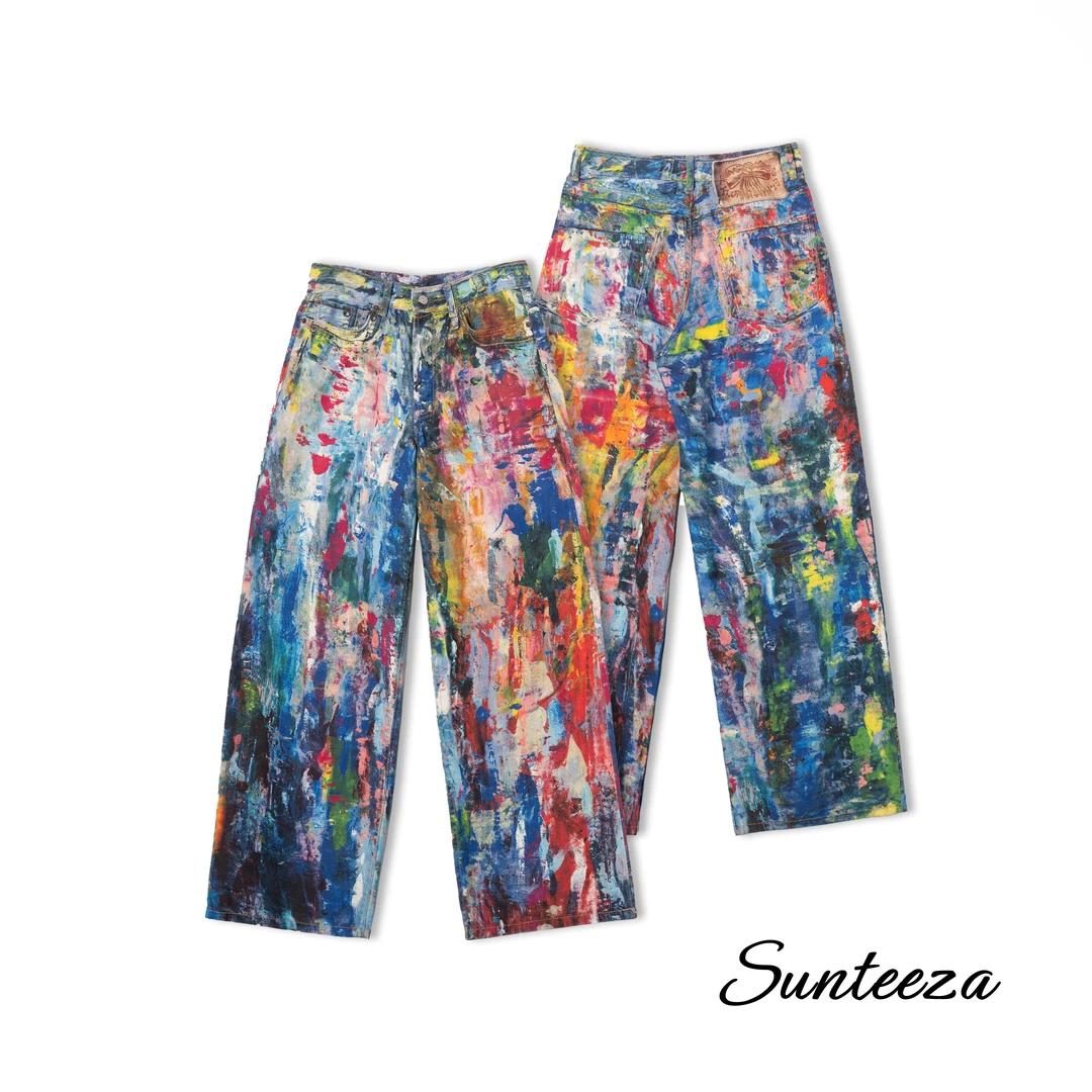 SUNTEEZA视觉错视印花油漆涂绘宽松男女帆布牛仔裤