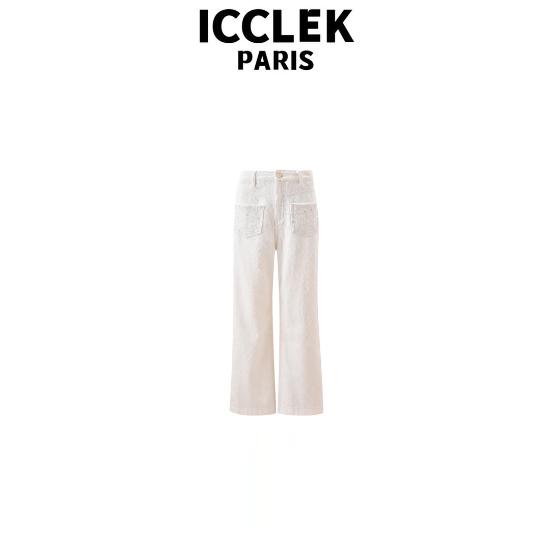 ICCLEK 白色纹路高腰直筒百搭牛仔裤气质百搭小香风名 媛 -  5685