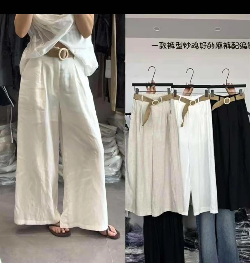 59345洪大SSS推荐时尚百搭编织腰带阔腿麻料裤
