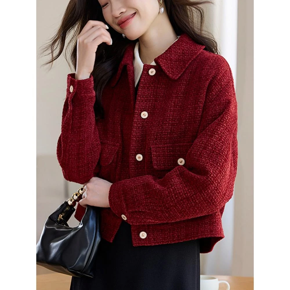 红色小香风格翻领女式款短外套2025秋冬季新款法式减龄修身厚上衣