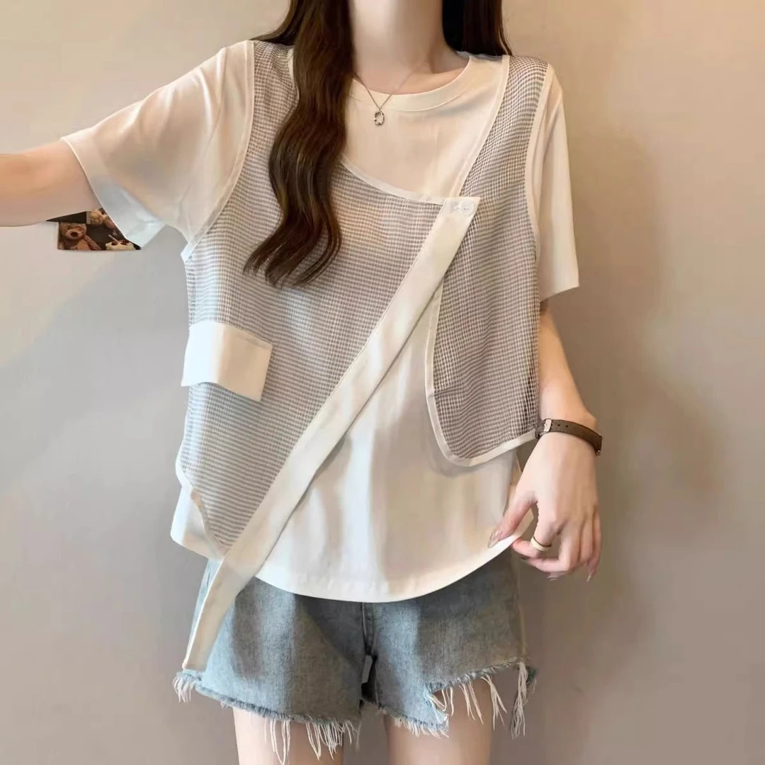 胖mm300斤遮肚子不规则拼接短袖女夏季新款设计感显瘦格子上衣