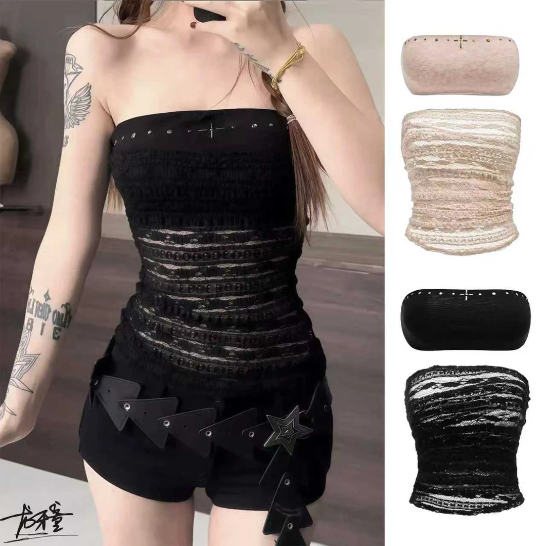 龙牙童推荐【铆钉两件套】蕾丝夏季美背抹胸时尚百搭性感无肩带露肩