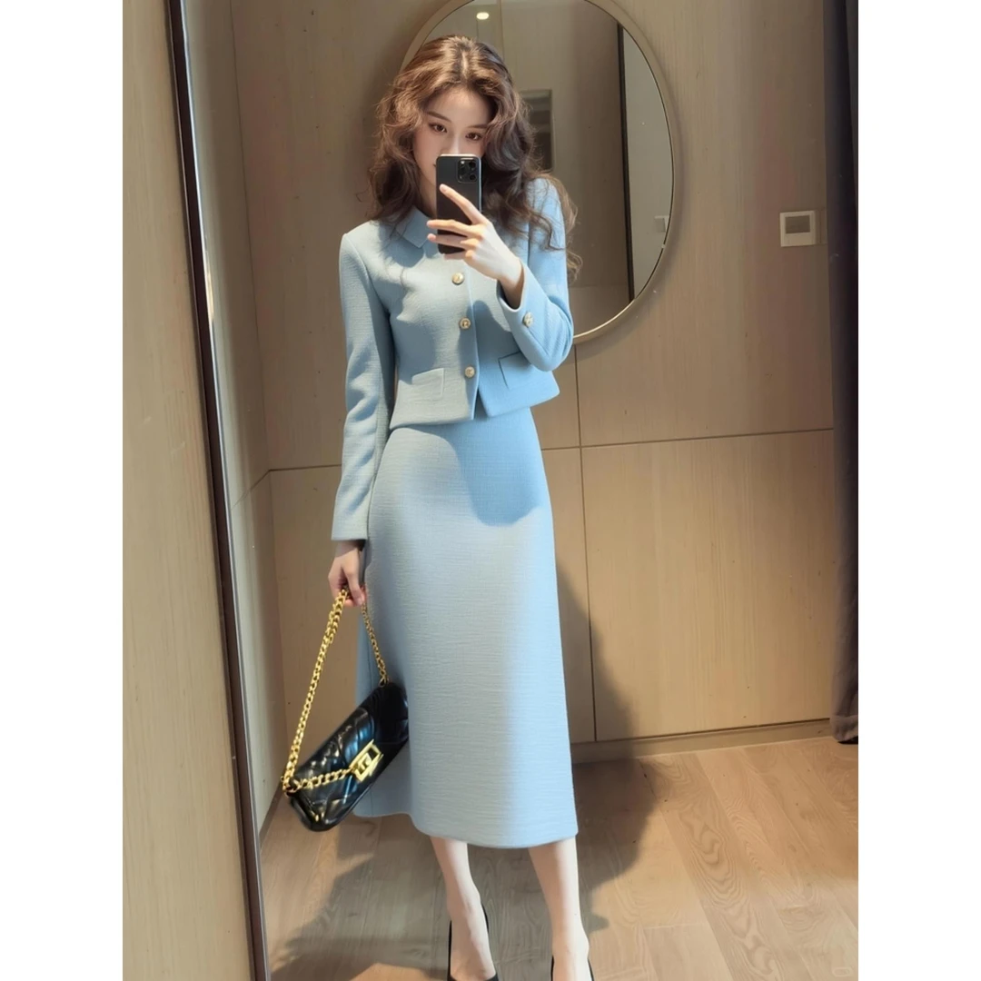 2025新款时尚小香风蓝色外套半身裙两件套女职业气质得体风套装