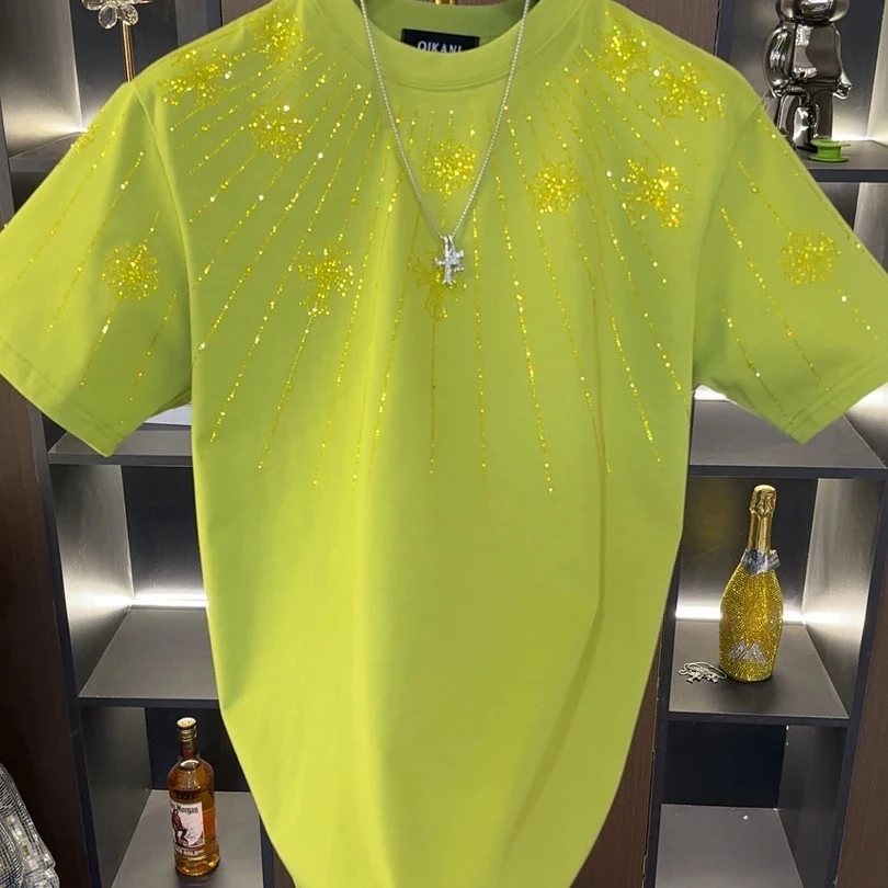 2025轻奢重工潮牌男士圆领情侣潮流百搭时尚黑色满钻半袖时尚T恤