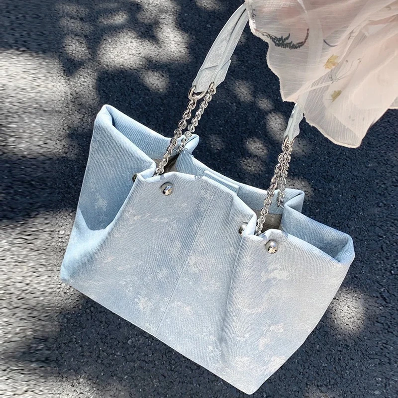 女包2025新款水墨蓝托特包女高级大容量牛仔纹链条单肩手提包包