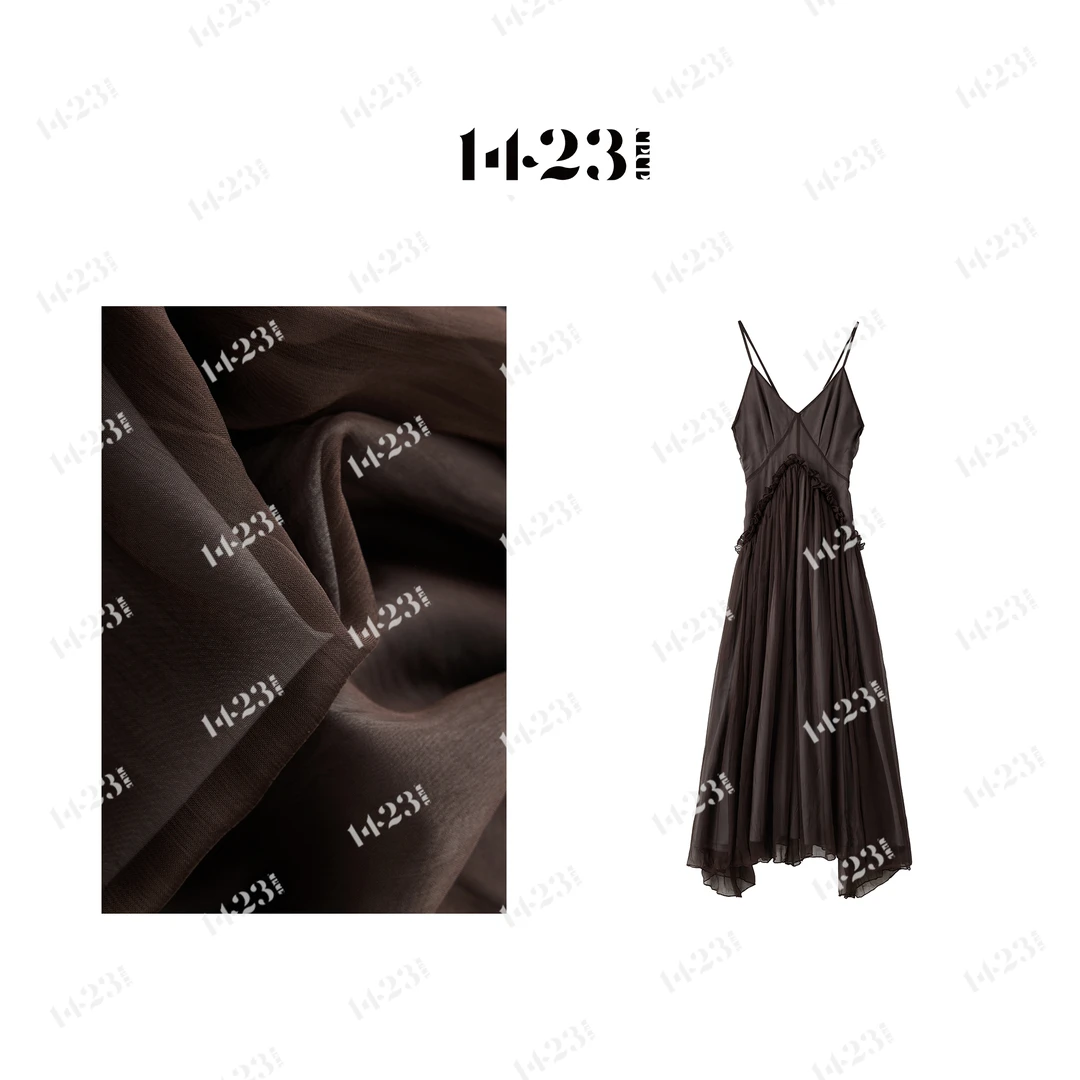 1423【迷踪幻影】轻奢网纱拼接显瘦褶皱收腰挂复古百褶吊带连衣裙