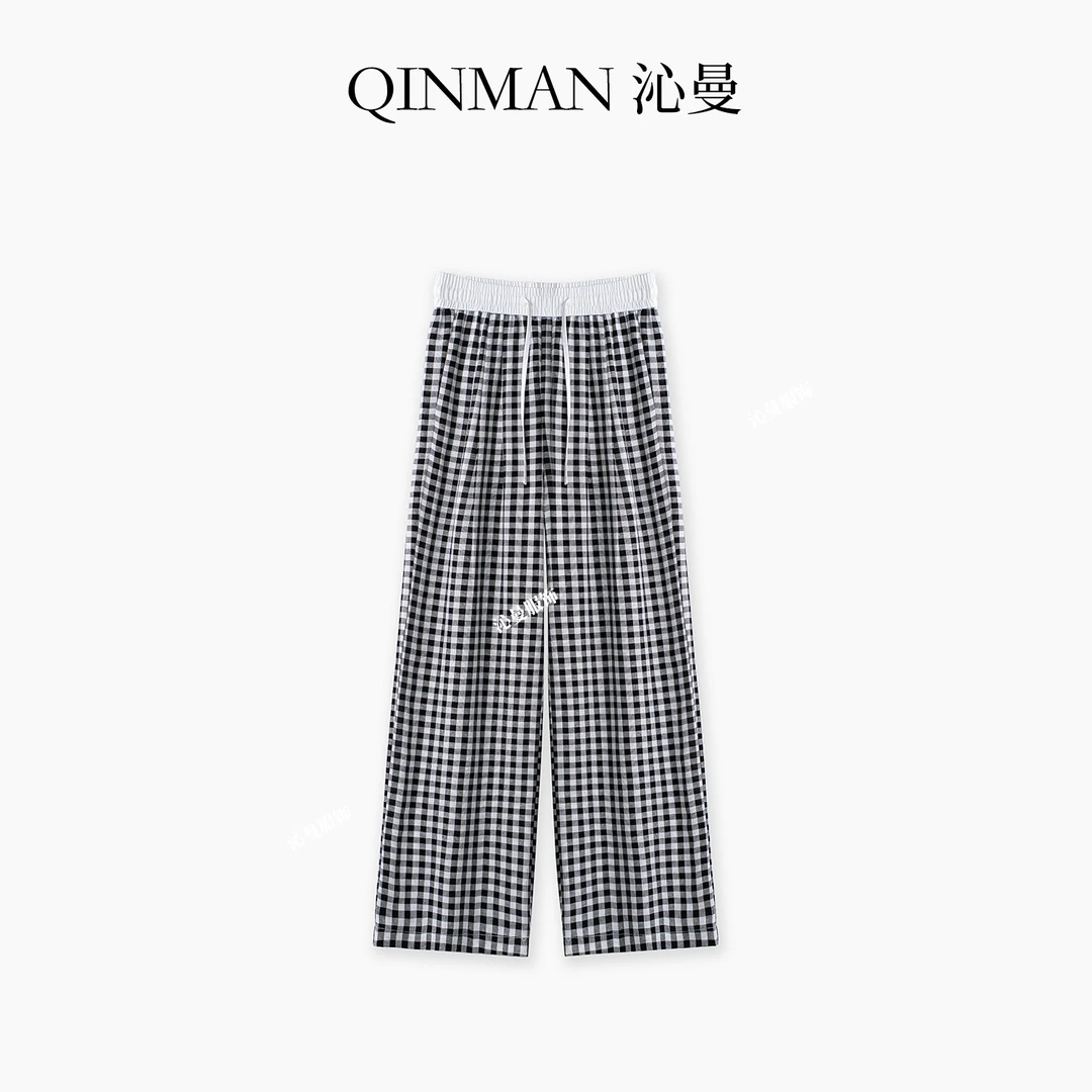 沁曼61398 黑白格子阔腿裤女夏季松弛款宽松显瘦休闲高腰直筒裤子