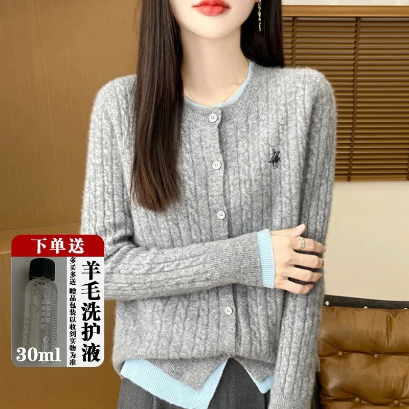 100羊毛刺绣骑士假两件拼接羊毛衣开衫扭花圆领